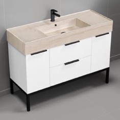 Modern Bathroom Vanity, 48 inch, Travertine Style Sink, Free Standing